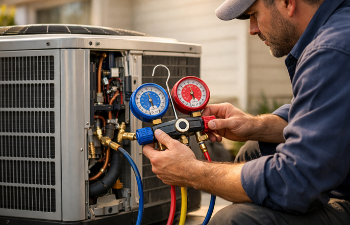 Technician using gauges to repair outdoor air conditioning unit