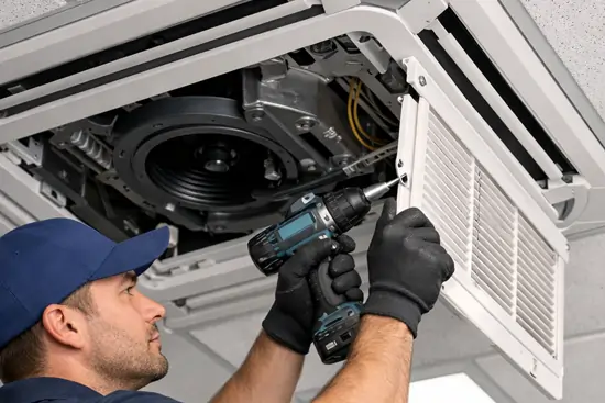 technician cleaning air vents using vacuum hose