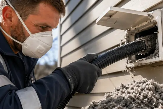 technician cleaning dryer vent using vacuum hose