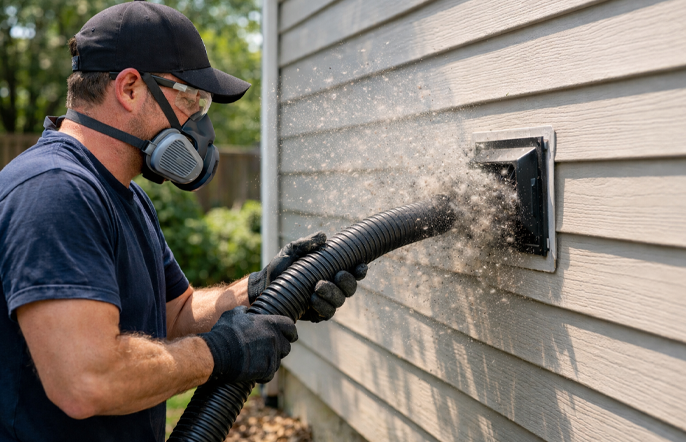 Technician cleaning dryer vent outside