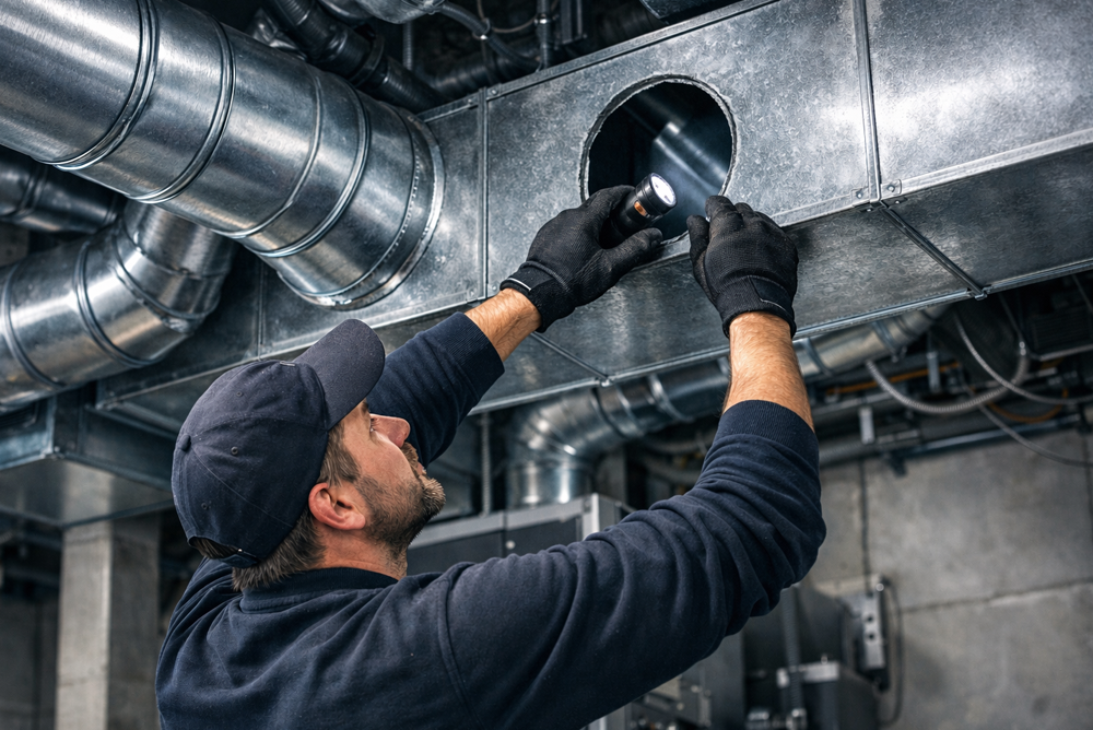 Air duct technician working on HVAC unit