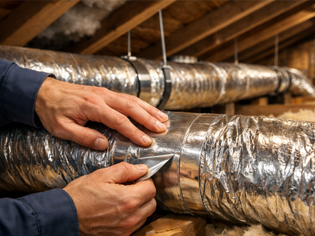 Hands applying foil tape to seal insulated air duct
