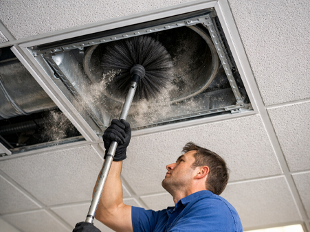 Technician on a ladder cleaning a ceiling air duct with a rotary brush